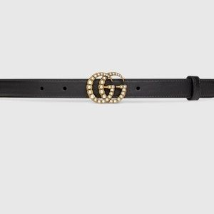 NEW GUCCI Leather Belt with Pearl Buckle